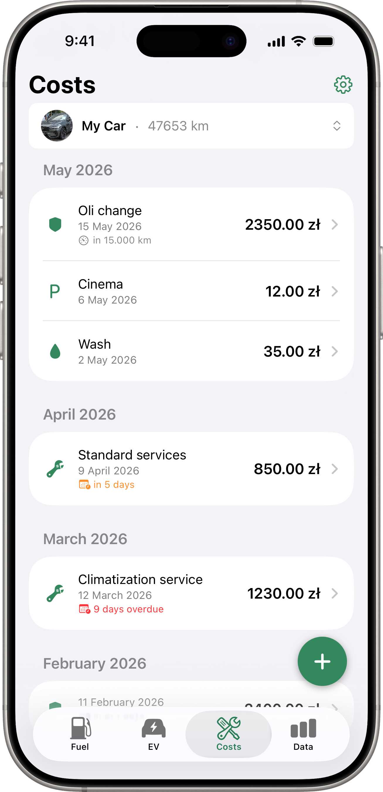 Drivest — Cost tracking
