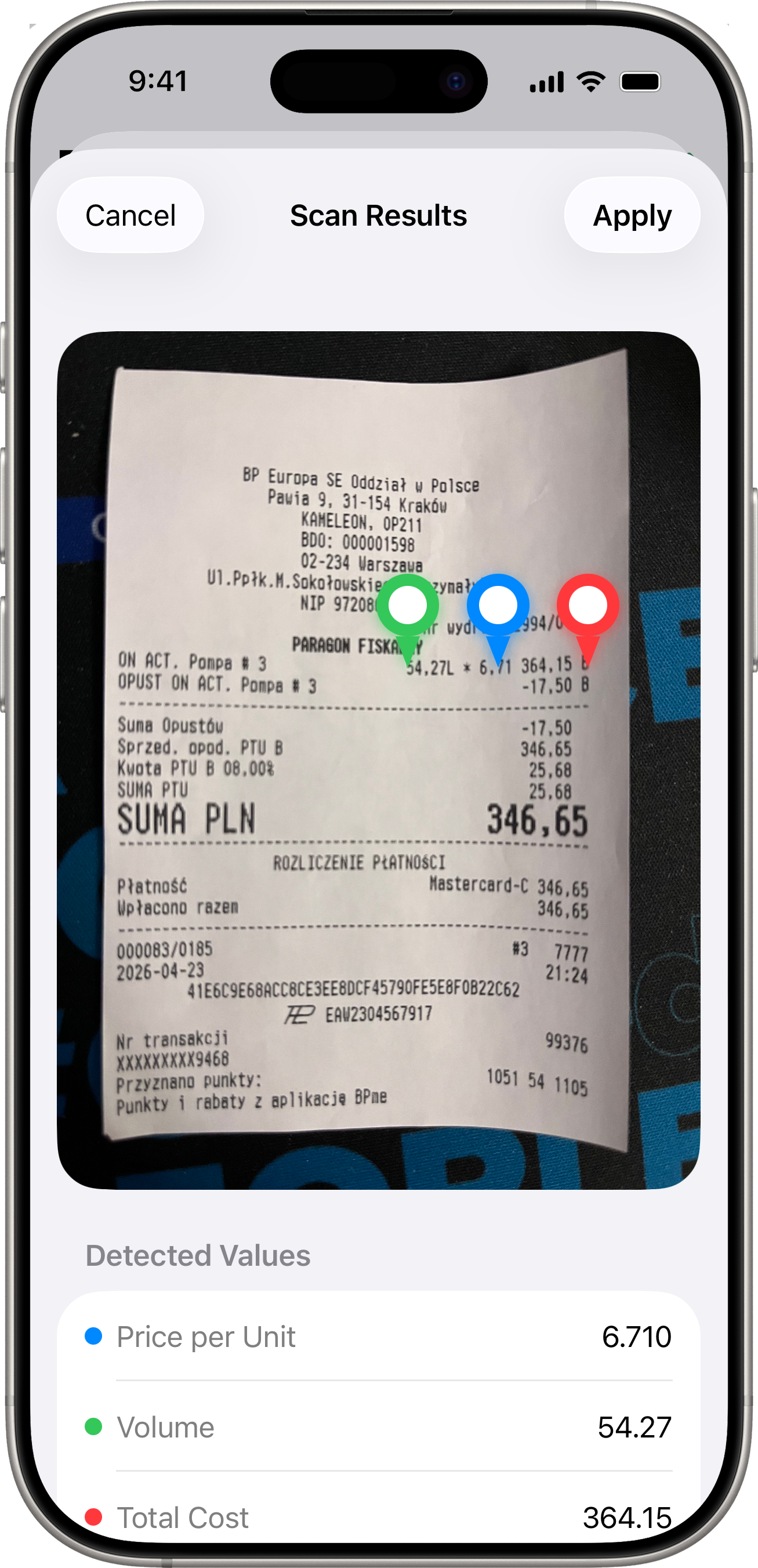 Scan Receipt — OCR result